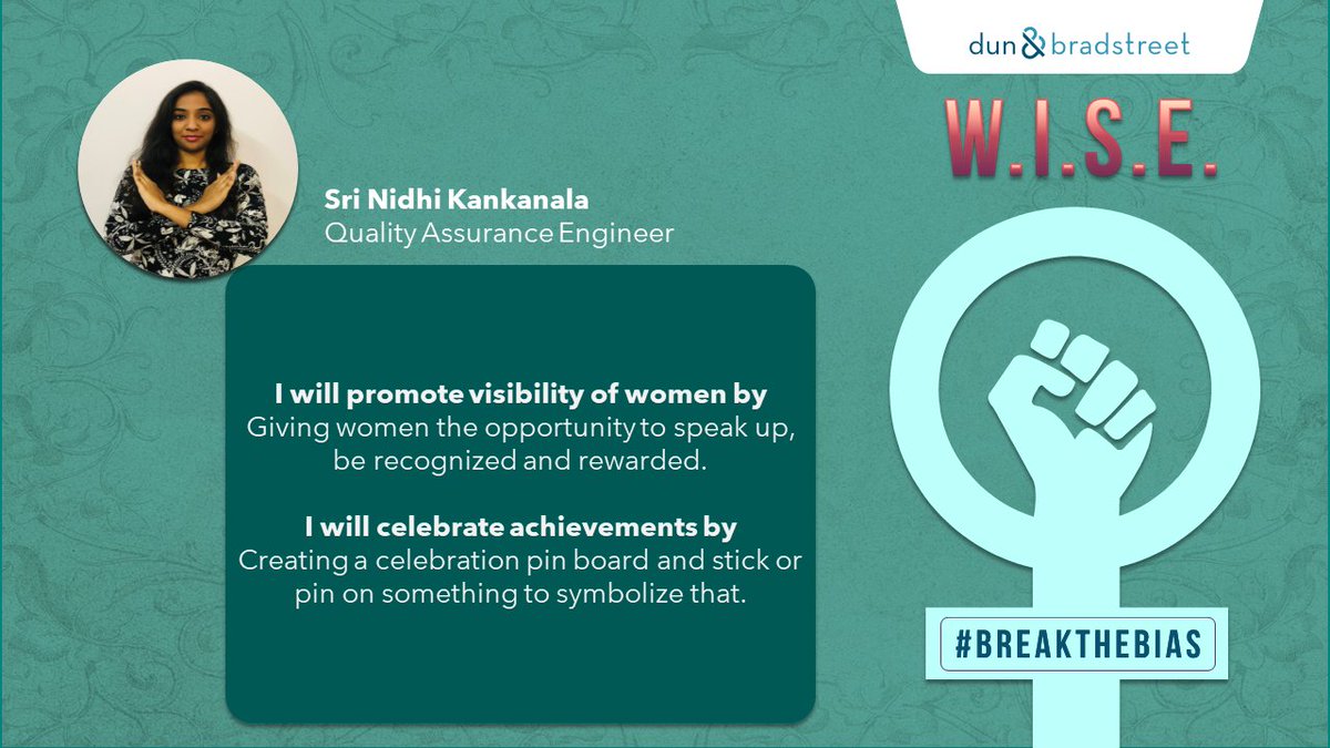 DNB_Technology's tweet image. Dun &amp;amp; Bradstreet’s Women Team Members celebrated the #InternationalWomenDay.

Here’s Sri Nidhi Kankanala sharing how she plans to #BreakTheBias.

Watch this space to see more on how Dun &amp;amp; Bradstreet works towards empowerment, equality and excellence.

#WISE #IWD #womenempowerment