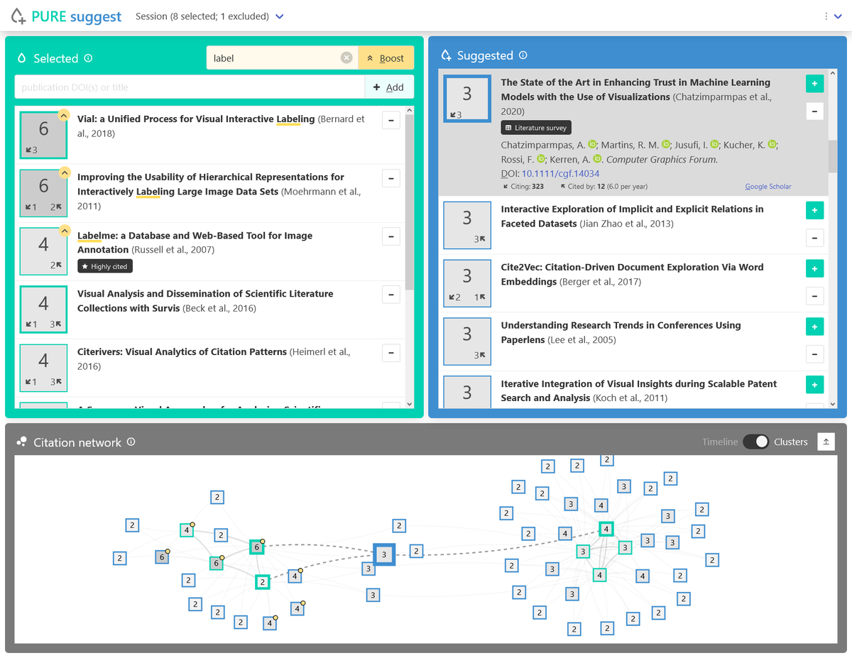 beck_fabian's tweet photo. Released v0.2 of *PURE suggest* for citation-based literature search. https://t.co/2TYtxPtgBh Improved visualization, showing clusters now. @opencitations @CedricKrause https://t.co/dFSz837XoG