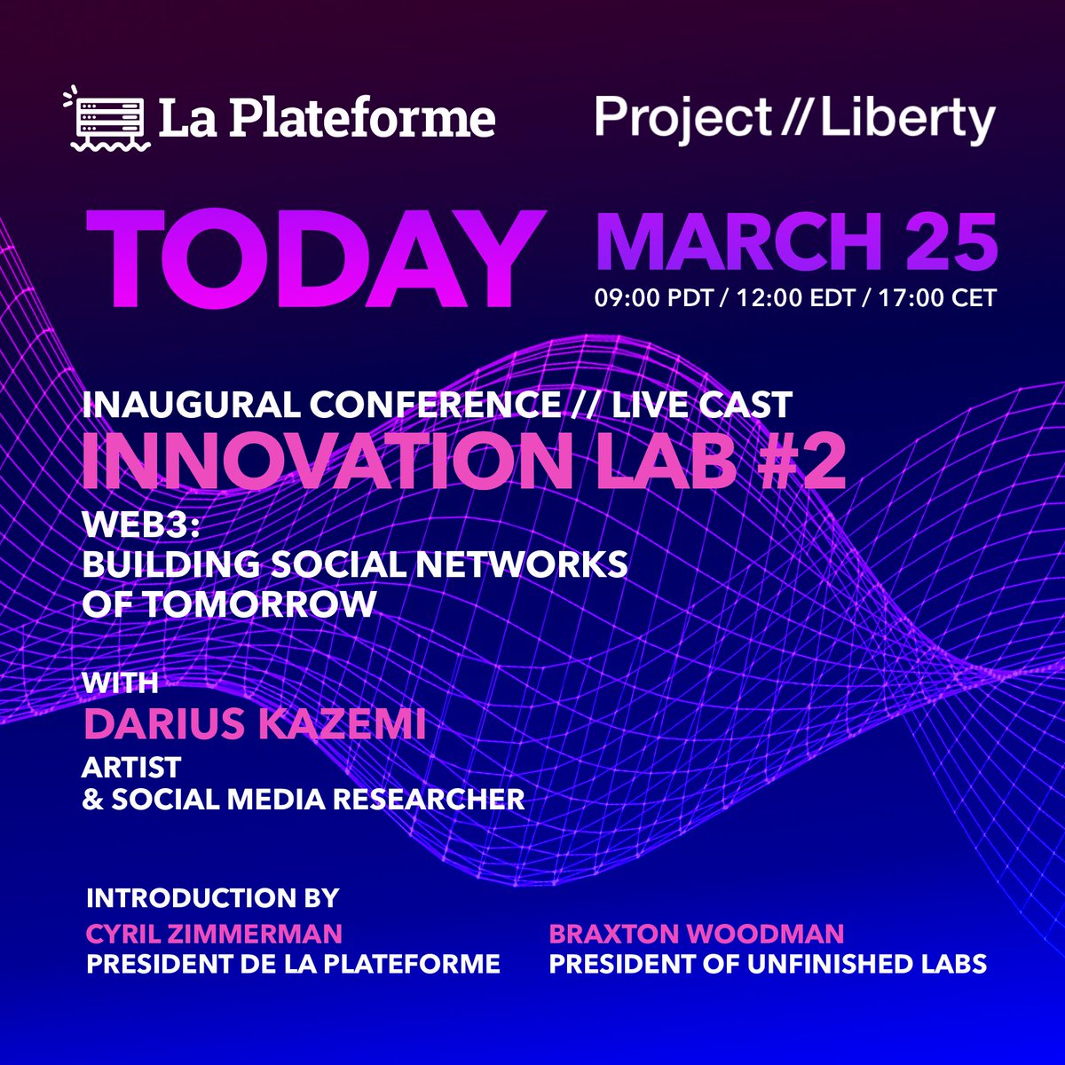 TODAY: Don't miss the inaugural event of Project Liberty partner <a href="/LaPlateformeIO/">La Plateforme_</a>'s innovation lab #2, ft. artist &amp; #socialmedia researcher @tinysubversions, <a href="/braxton/">Braxton</a>, @cyrilzim, <a href="/jheyraud/">Jacques-Henri Eyraud</a>. Register for access link: bit.ly/356Rfjo  At 9:00 PDT/12:00 EDT/17:00 CET.