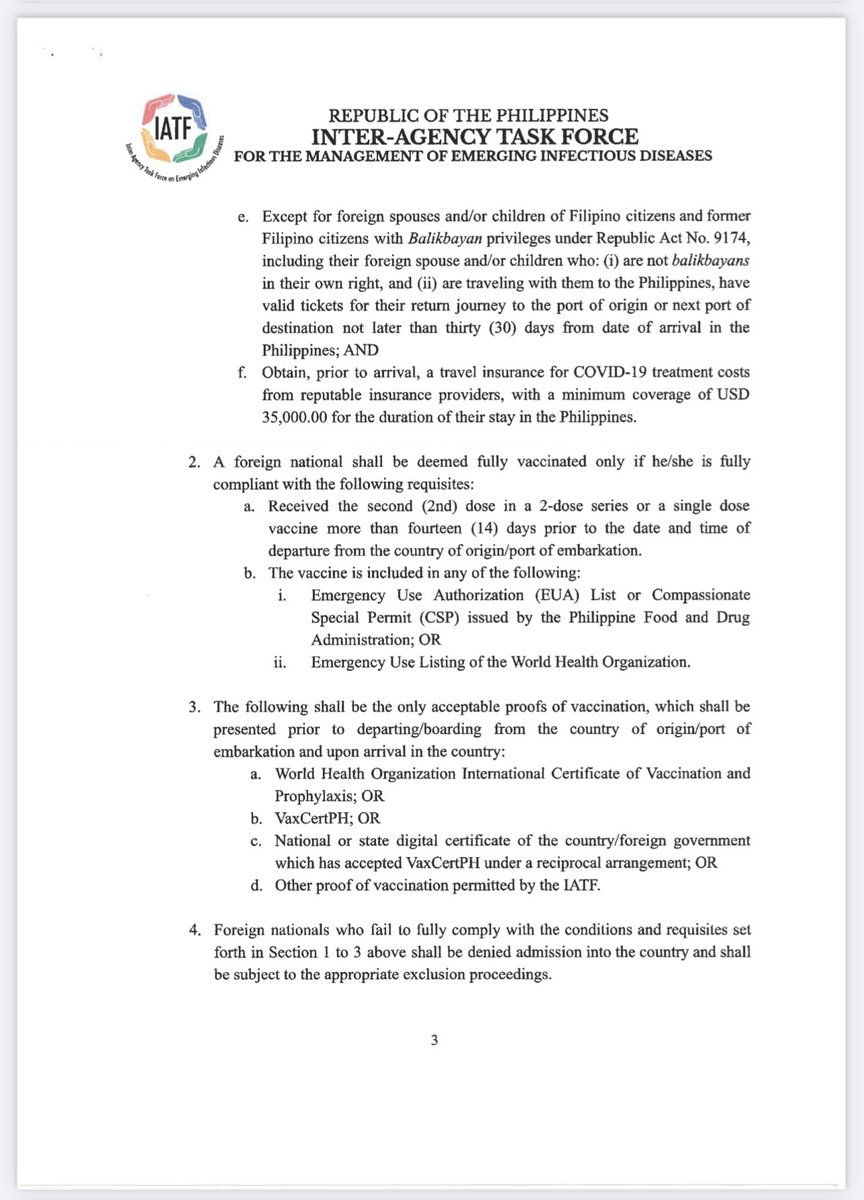 UniteUsInPH's tweet photo. 📃 IATF Res. 165
Starting April 1, 2022, fully vaccinated foreigners no longer need an EED (entry exemption document), provided they comply with visa requirements, immigration entry and departure formalities.

Those from visa-required countries, finally 🙏🏼
#UniteUsInPH https://t.co/RmpW4B1ejr