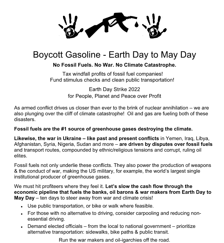 TheGreenGarret's tweet photo. The @GreenPartyUS Peace Action Committee is calling for a gasoline boycott for Earth Day to May Day -- plan to reduce your driving, use public transportation, or even bike or walk, as feasible. Together we can transition away from fossil fuels to renewable energy. https://t.co/AW81yPJ2U4