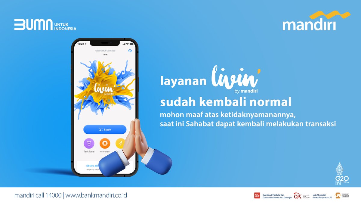 Kami mohon maaf atas ketidaknyamanan yang dialami. Saat ini layanan Livin' by Mandiri sudah kembali normal dan Nasabah dapat bertransaksi kembali.
 
Kami mengimbau Nasabah agar berhati-hati dan tidak memberikan data rahasia kepada pihak mana pun yang mengatasnamakan Bank Mandiri.
