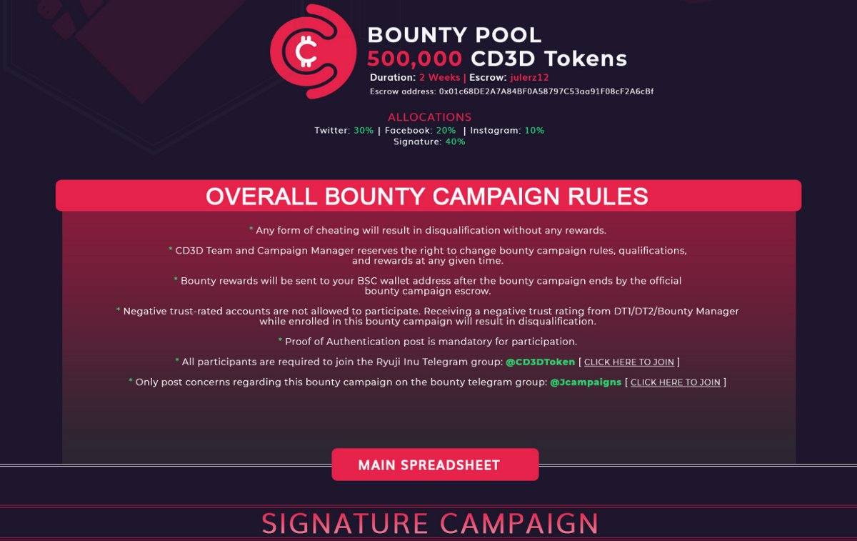 CD3DApp's tweet photo. Introducing the 500,000 $CD3D BOUNTY CAMPAIGN for the CD3D DEX Debut Sale Event!
https://t.co/r8U4Le7yT5 https://t.co/82P02cuZ4y