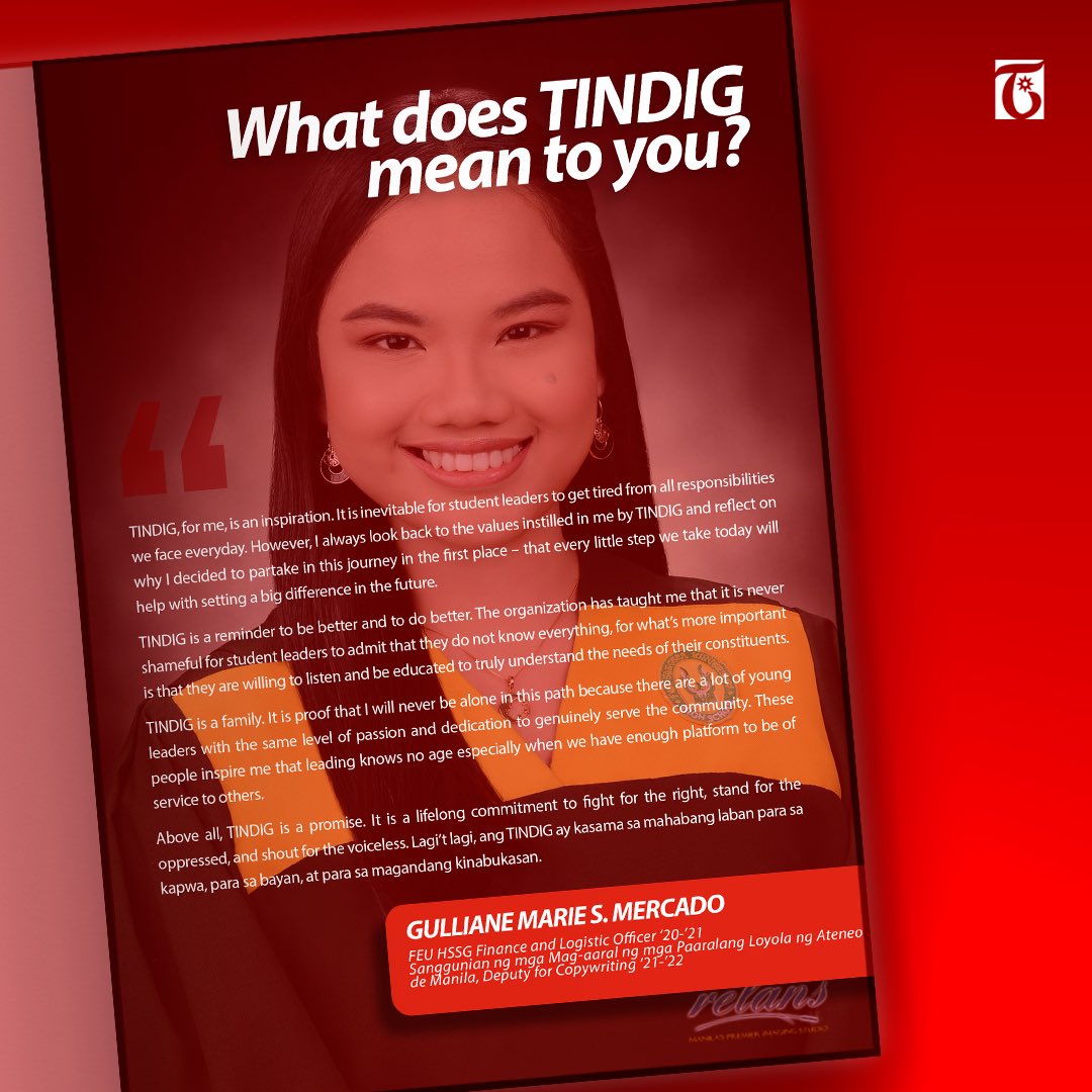 tindigfeushs's tweet photo. Kasama ang bawat Tamaraw, sabay-sabay tayong magbalik-tanaw sa nakaraang yugto ng paglilingkod ng Tindig Servant Leaders, at tunghayan ang legasiya ng mga henerasyon ng bawat lider na hanggang ngayon ay nananatiling matatag upang ipaglaban ang tama!

#TINDIGServantLeaders https://t.co/AcAKVWHodB