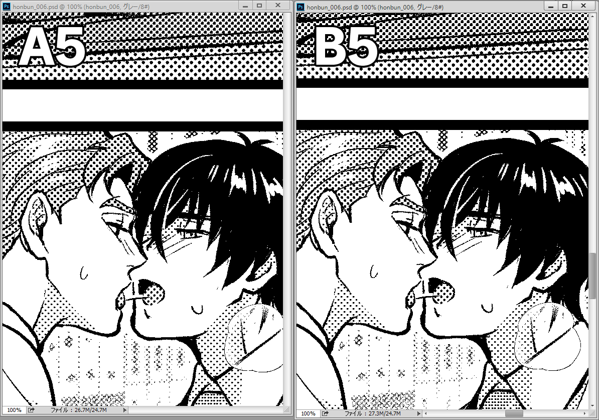 今回、うっかり原稿をB5で描いてしまって入稿の際A5に縮小かける必要があったんですが、twitterで見かけた「クリスタで原寸書き出ししたデータをフォトショ上で解像度を731にするとモアレず綺麗に縮小できる」というtipsを試してみたらバッチリでしたね…
クリスタで縮小かけるより早くて綺麗!最高! 