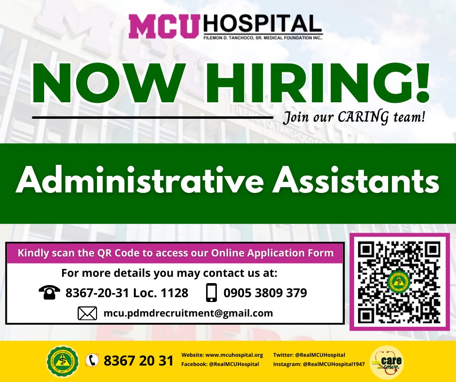 RealMCUHospital's tweet photo. Apply NOW and Be part of our LEGACY!
At MCU Hospital, With Care, We Serve!

T​wo ​options to ​ APPLY:
Walk-in at the HRD Office, Ground Floor, College of Medicine Building, pls bring updated Resume at primary credentials​ o​r​ scan the QR Code below.
https://t.co/Ul6Tt1WjFG https://t.co/daA9X0vwGZ