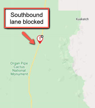ArizonaDOT's tweet photo. SR 85 southbound in Ajo (mp 66): A crash is blocking the southbound lane.
#aztraffic #SR85 https://t.co/HJUq8hO5uo