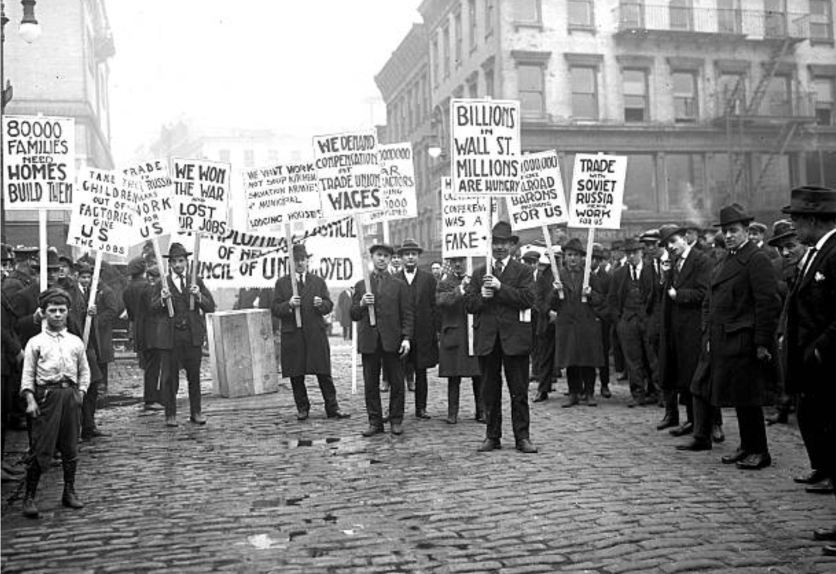 Unemployed workers in New York City demonstrate, demanding more jobs and better working conditions: