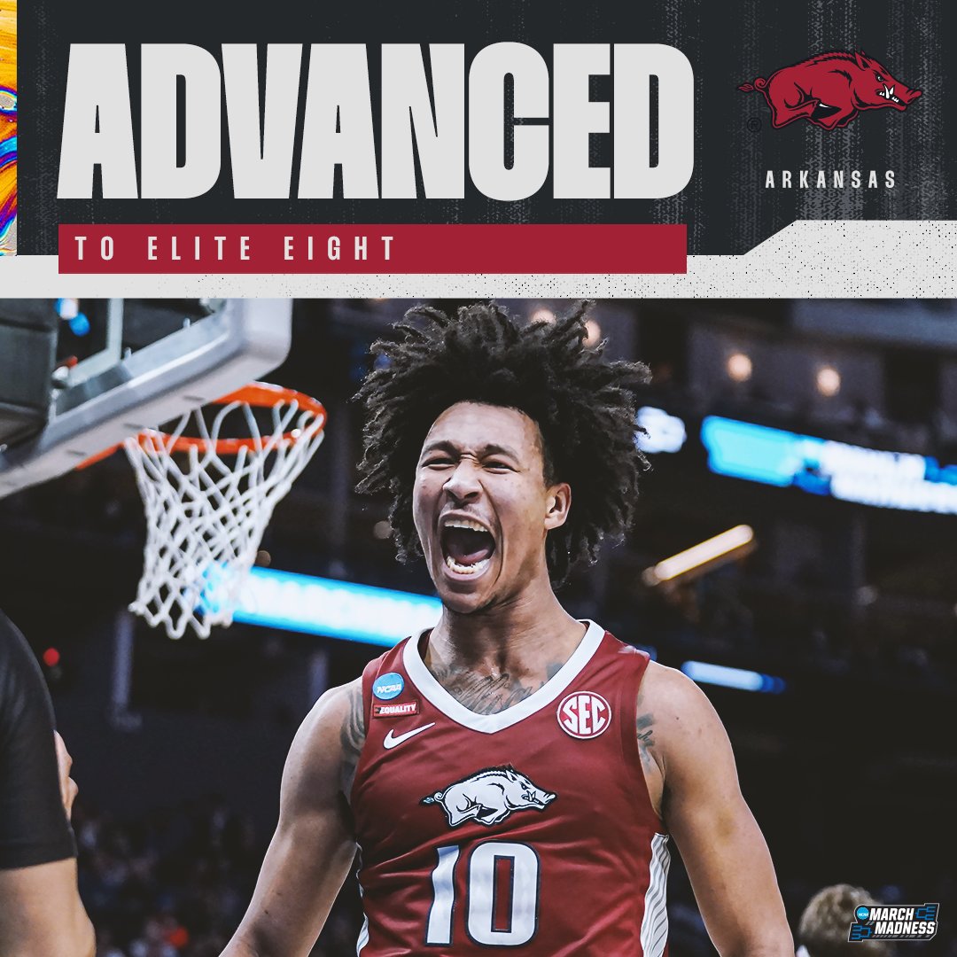 🗣 WOO PIG SOOIE! 🗣

(4) Arkansas takes down (1) Gonzaga, 74-68, to advance to the #EliteEight! #MarchMadness