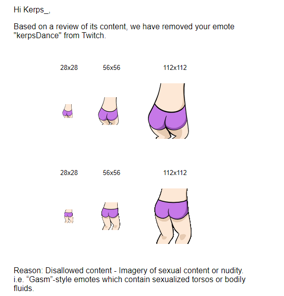 Kerps_'s tweet photo. My banned animated emote vs amouranths not banned ass, thanks twitch 🙃 #twitch https://t.co/E9B83fBfAr