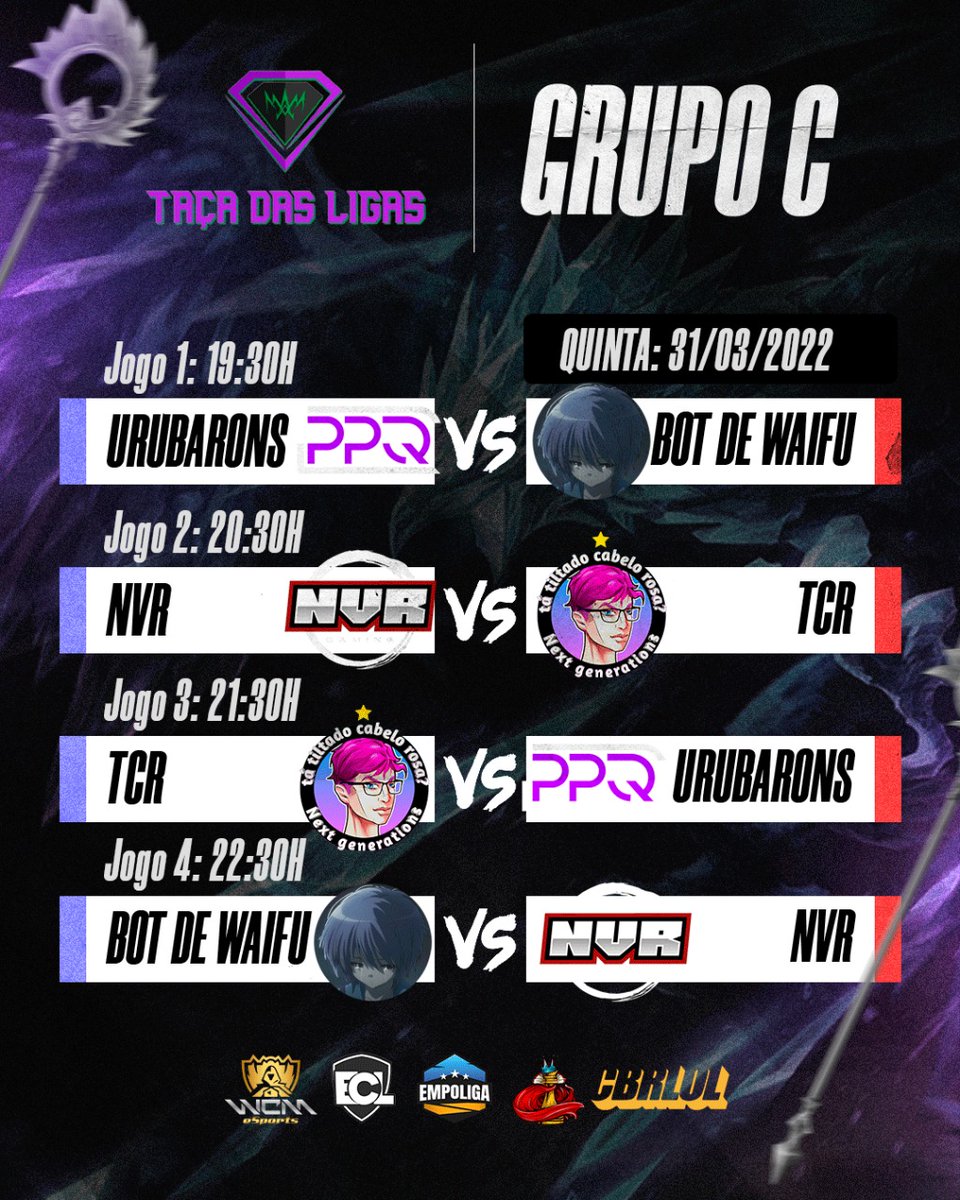 E Agora chave do Grupo C 

Jogos entre os times :
<a href="/PipoqueirosG/">Pipoqueiros Gaming</a> @botdewaifu
<a href="/NVRGamingLoL/">NVR Gaming</a> <a href="/Tatiltadocabel1/">Tá Tiltado Cabelo Rosa</a>

🗓️ 31/03
🕢 19:30 
twitch.tv/wcmesports