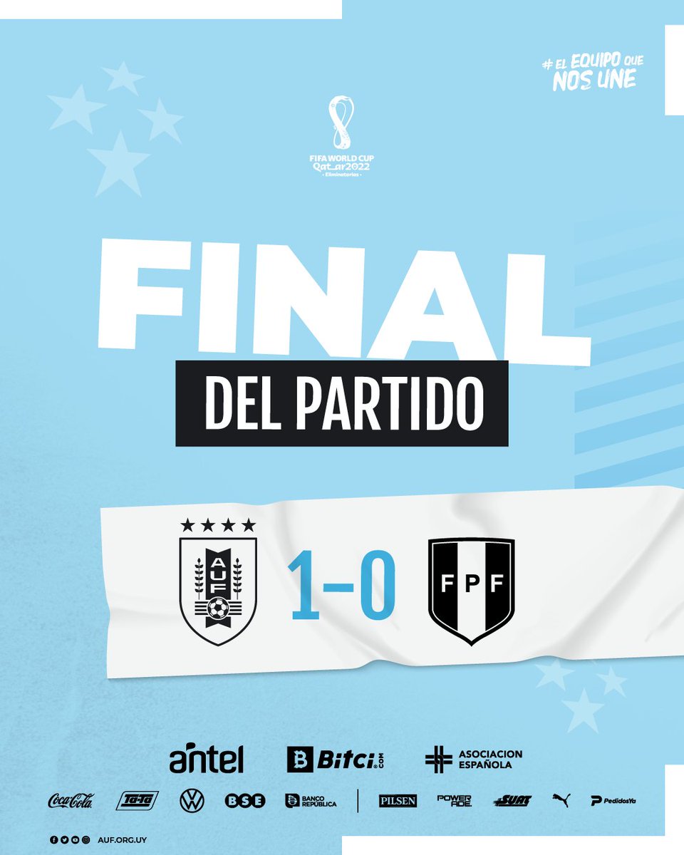 Uruguay's tweet photo. 🇺🇾 ¡𝙂𝘼𝙉𝙊́ 𝙐𝙍𝙐𝙂𝙐𝘼𝙔!

@Uruguay 1-0 @SeleccionPeru 

⚽ Giorgian de Arrascaeta

#ElEquipoQueNosUne https://t.co/MWhhQNMUib