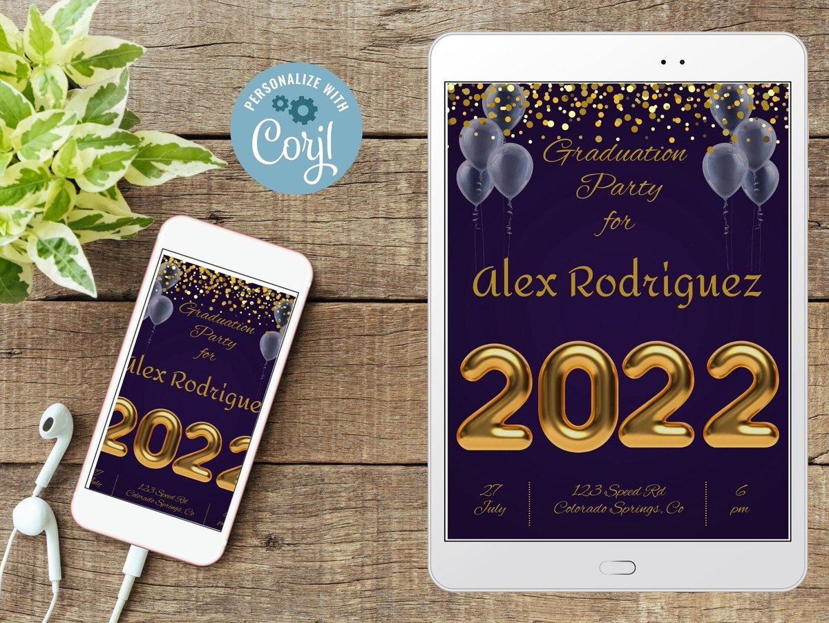 RoguellaD's tweet photo. Excited to share the latest addition to my #etsy shop: Gold and Navy Graduation Invitation digital, class of 2022, graduation email invite, graduation text invite, edit yourself, corjl, balloons. https://t.co/Fbee7Hbtwf https://t.co/44Y2tUGXCk