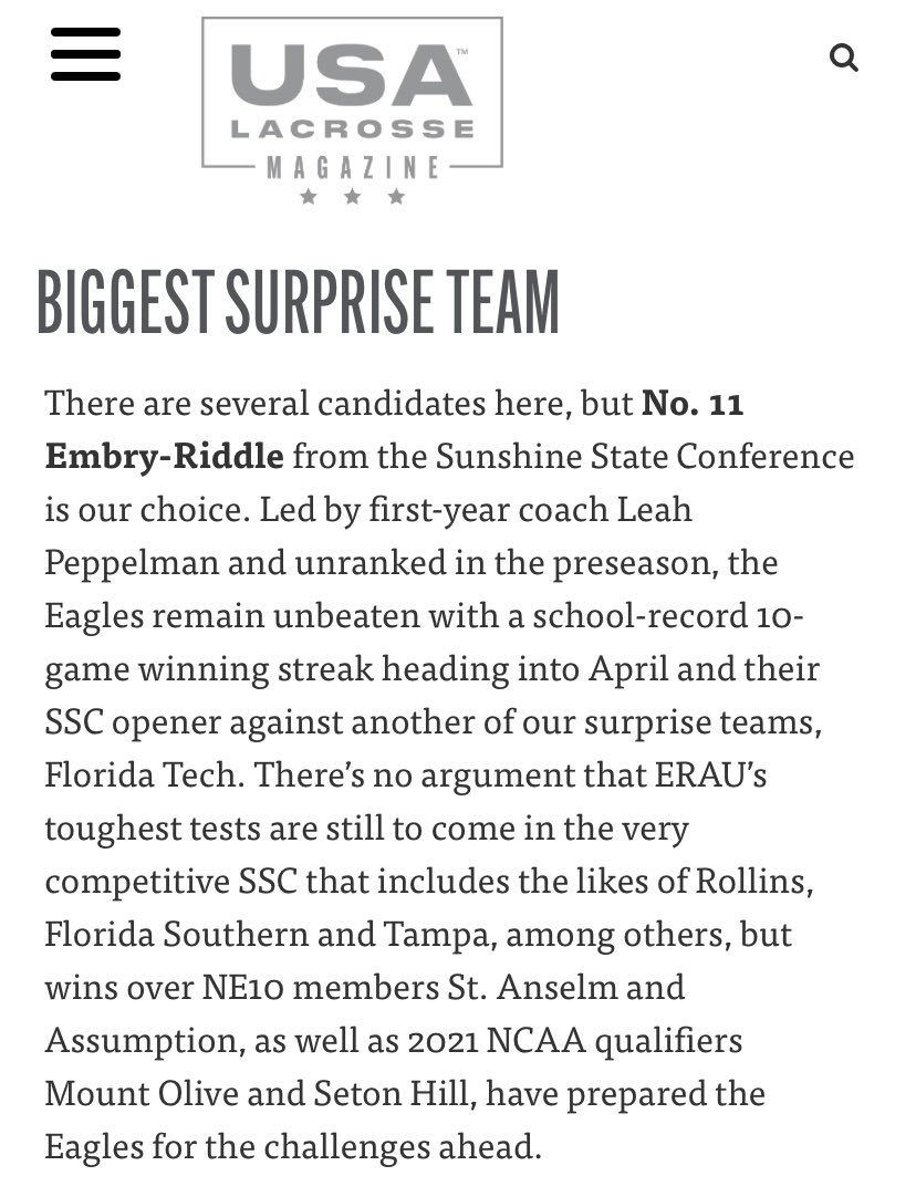 JP_Daytona's tweet photo. Congrats to @ERAUWLAX for being named Division II’s “Biggest Surprise Team” by USA Lacrosse!

Conference play begins next week… https://t.co/QVW6y9EP2F