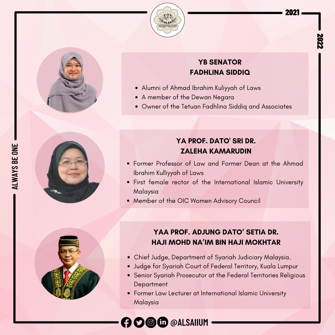 ALSA_IIUM's tweet photo. Below are the details of the forum:

Date: 26/3/2022
Day: Saturday
Time: 10 AM-12 PM
Platform: Zoom Meeting
Panelists: 
Senator Fadhlina Bt Dato’ Siddiq, YA Prof. Dato' Sri Dr. Zaleha Kamarudin &amp; YAA Prof. Adjung Dato’ Setia Dr. Haji Mohd Na’im bin Haji Mokhtar

See you there! https://t.co/ONcTEHZT4N