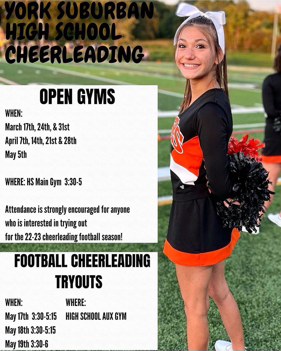 York Suburban Athletics (@ysathletics) on Twitter photo Check out the following opportunities to attend Cheerleading open gyms and the dates for tryouts!
If you have any questions please contact Coach Yoder (leyoder@yssd.org)
#YSProud Check out the following opportunities to attend Cheerleading open gyms and the dates for tryouts!
If you have any questions please contact Coach Yoder (leyoder@yssd.org)
#YSProud