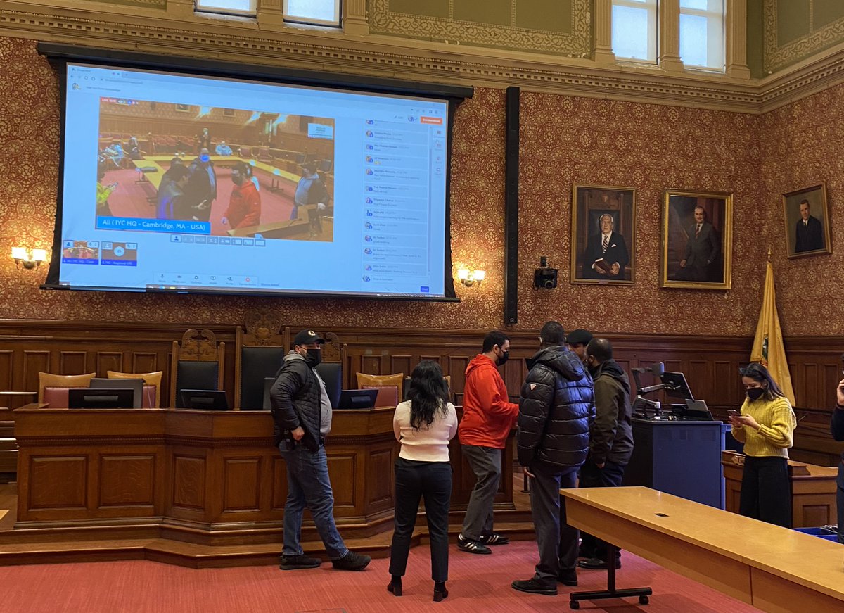 IYCForYouth's tweet photo. Team #IYC5 including @smalimustafa @shurabb24 @amandanesh @ZDhakam in @CambMA ahead of IYC today snd did a test run at the Cambridge City Council. Cant wait to welcome you all in few hours online and in-person #ForPlanetandPeople https://t.co/wq5P4OQ1No