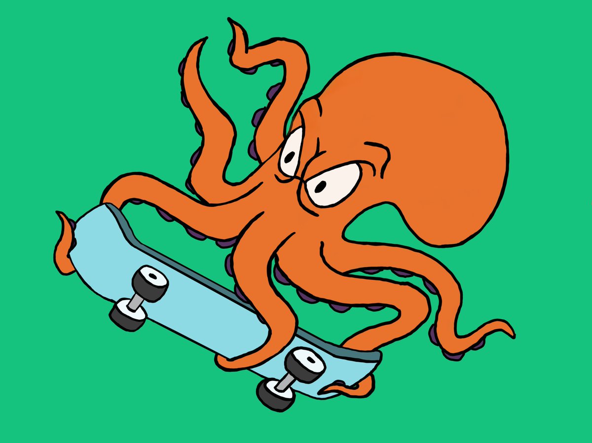 Still taking a bit of a break from #gamedev and decided to randomly draw a skateboarding octopus! 🛹 🐙 

#digitalart #indiedev