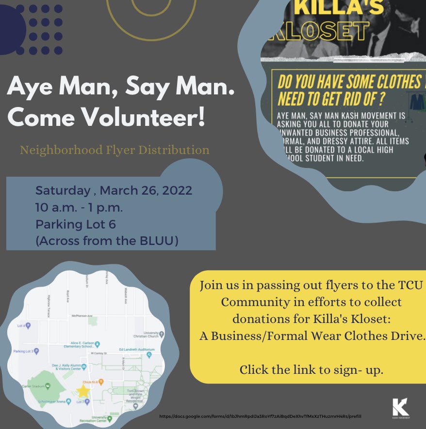 kashmovement1's tweet photo. Click the link in our bio to join us this Saturday at 10 a.m. to distribute flyers around the TCU Community to provide awareness and collect donations for Killa’s Kloset . Donatios include all business professional, semi-formal, and formal wear. ✨ #kashmovement https://t.co/q5vJKVPyMm