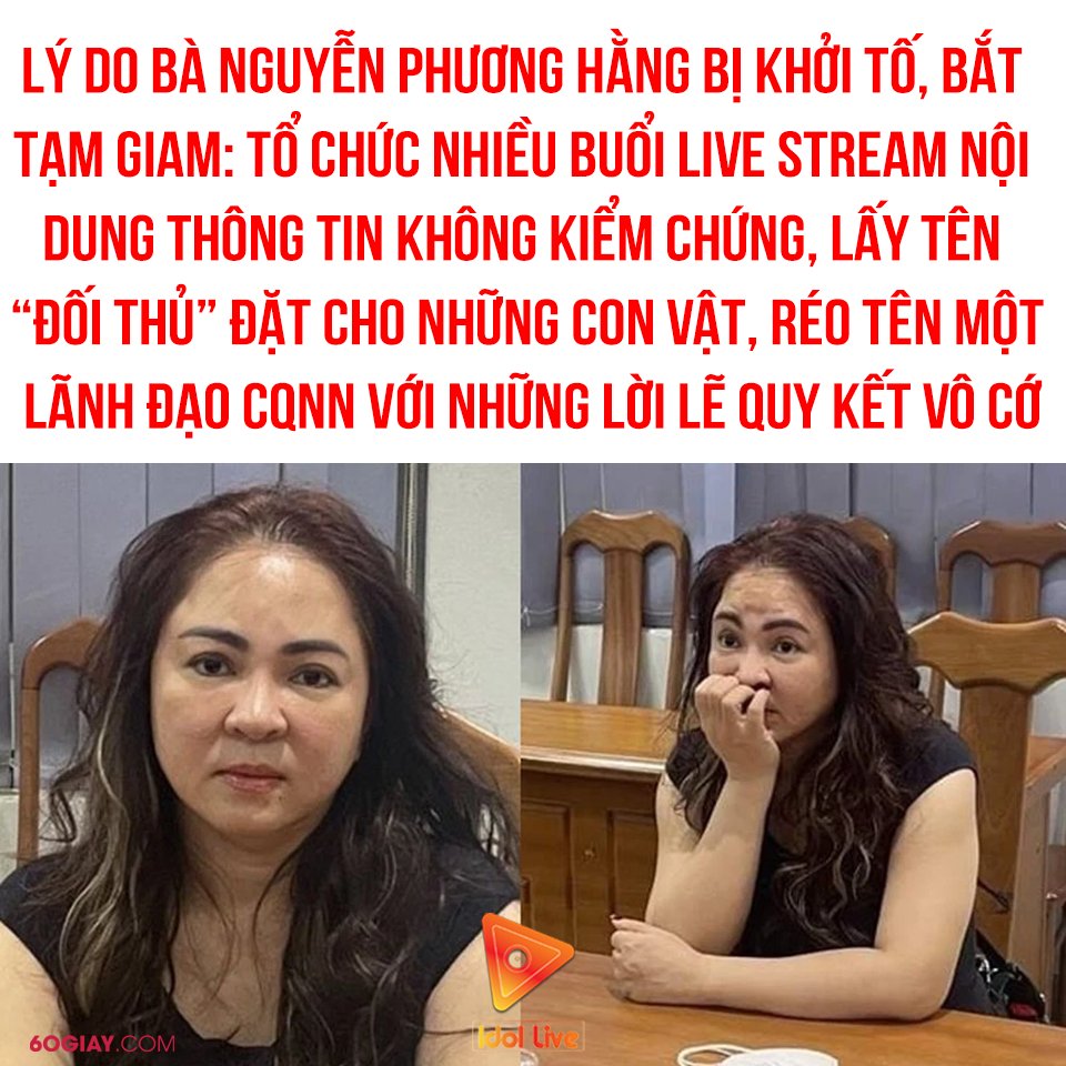 IdolLivevn's tweet photo. Mới nhất: Bà Nguyễn Phương Hằng bị tạm giam 3 tháng, khởi tố ở khung hình phạt tù từ 2 đến 7 năm https://t.co/QRsZmpEla7