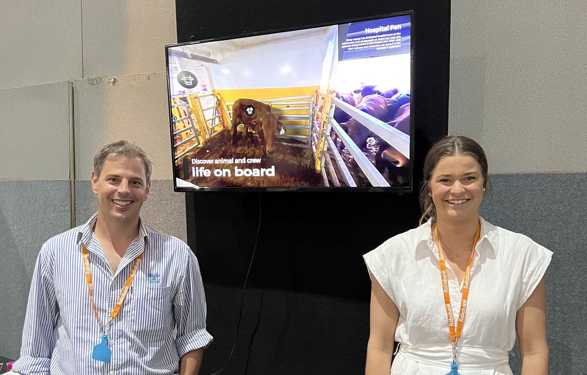 AusLiveCorp's tweet image. There’s plenty of interest in the #virtualreality live export ship tour at #ntca2022, where it’s up on the big screen. 
Our CEO Wayne dropped by the ⁦@livestock_the⁩ stand earlier to chat with ⁦@nolan_millly⁩ and it’s not too late to do the same if you’re there!