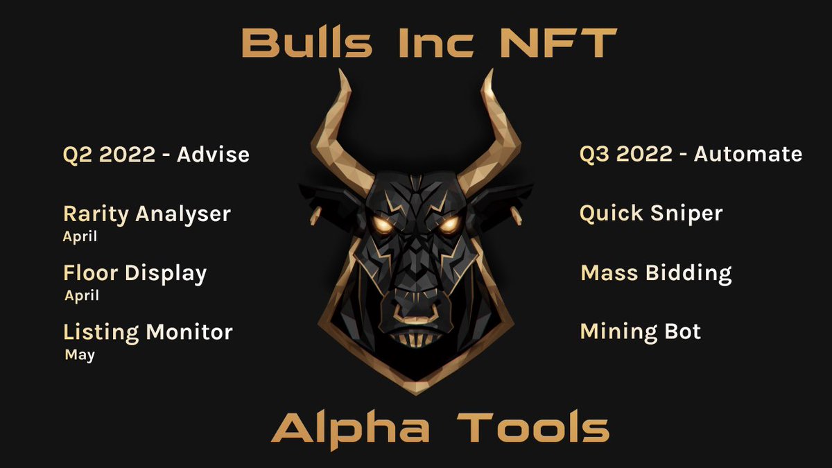 BullsIncNFTs's tweet photo. NFT Alpha Tools for the #Bullish Investor

Each Bull is a Lifetime Pass to exclusive alpha tools 

💎 Quick Sniper 
💎 Mass Bidding
💎 Listing Monitor 

Join us in Discord -
👨🏽‍💻 https://t.co/GmYZBh7FID 👩🏼‍💻

#NFT #NFTs #NFTCommunity #ETH #opensea https://t.co/BZofrW0m96