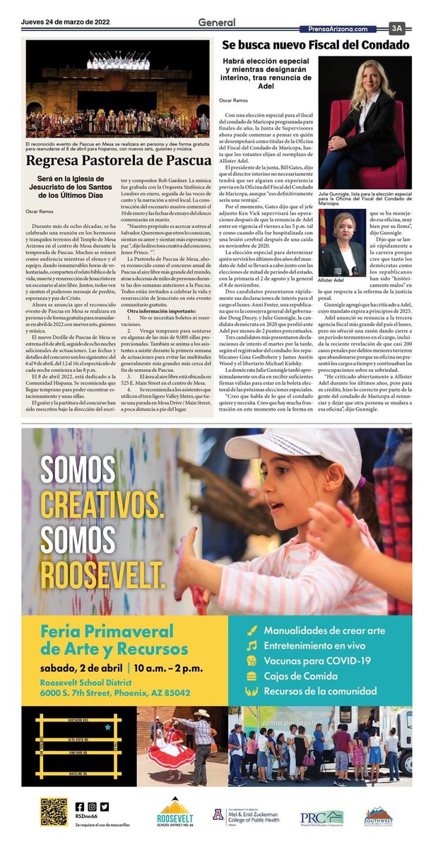 RSDNo66's tweet photo. Find an @ArizonaPrensa newspaper in South Phoenix local stores and get all the details of our upcoming #SpringArts&amp;Enrollment Fair on Sat., April 2. https://t.co/J9vg9g2oh7