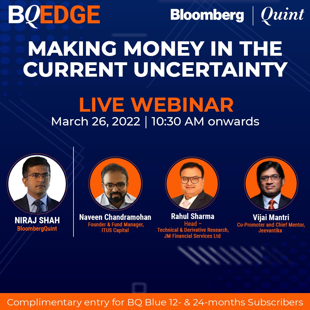 NDTVProfitAlpha's tweet photo. #BQEdge | Make money in the current uncertainty. Join the conversation with Niraj Shah along with Naveen Chandramohan, Rahul Sharma &amp; Vijai Mantri. 
 
Complimentary access for #BQBlue subscribers: https://t.co/DAZtGWuPUv  
Not a subscriber? Register: https://t.co/TT1NJXPlz9 https://t.co/UajlqwLsuz