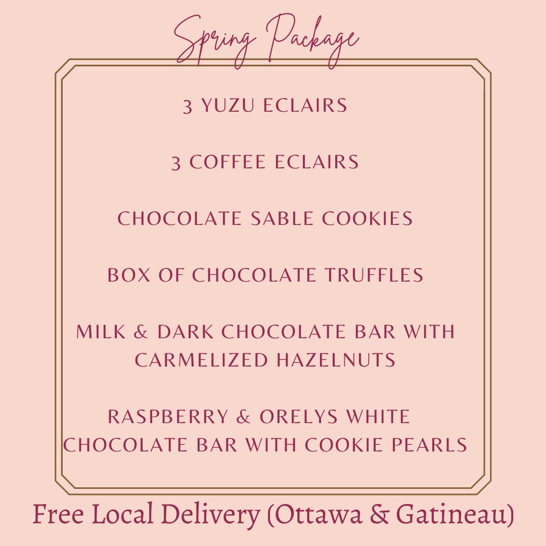 The Spring Package is ready for ordering!
Receive your package from the comfort of your home. We'll be sending out our packages on Saturday April 2nd via local delivery.  To make this treat even sweeter, we'll take care of the shipping costs.  
cyliechocolat.com