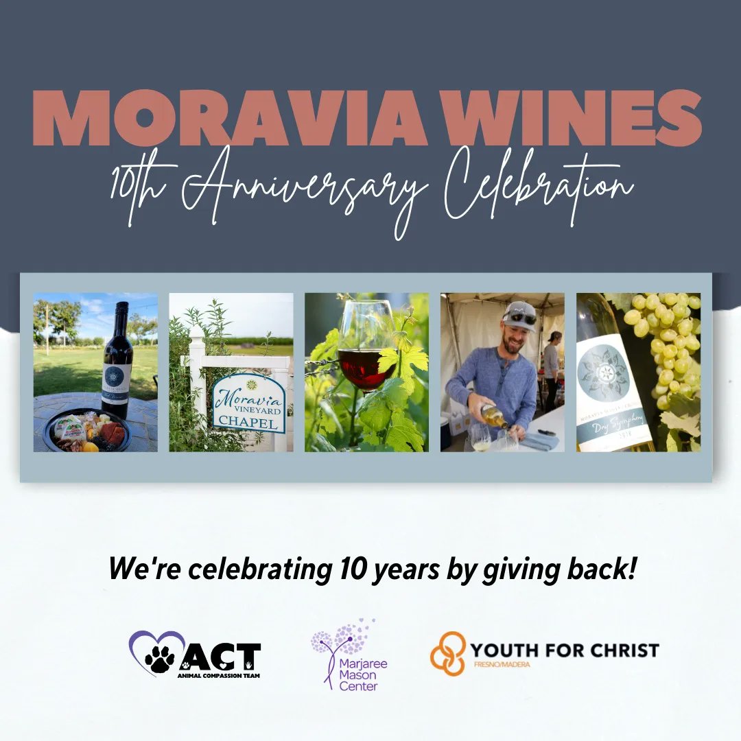 Moraviawinery's tweet photo. Next month is our 10 YEAR anniversary! 🎉 

During the month of April, for every $50 donation you make to one of our selected charities, receive a bottle of select wine for only $1. Plus, Moravia Wines will match up to $1,000 in donations to each of the non-profits. https://t.co/kFxnYG0eZ1