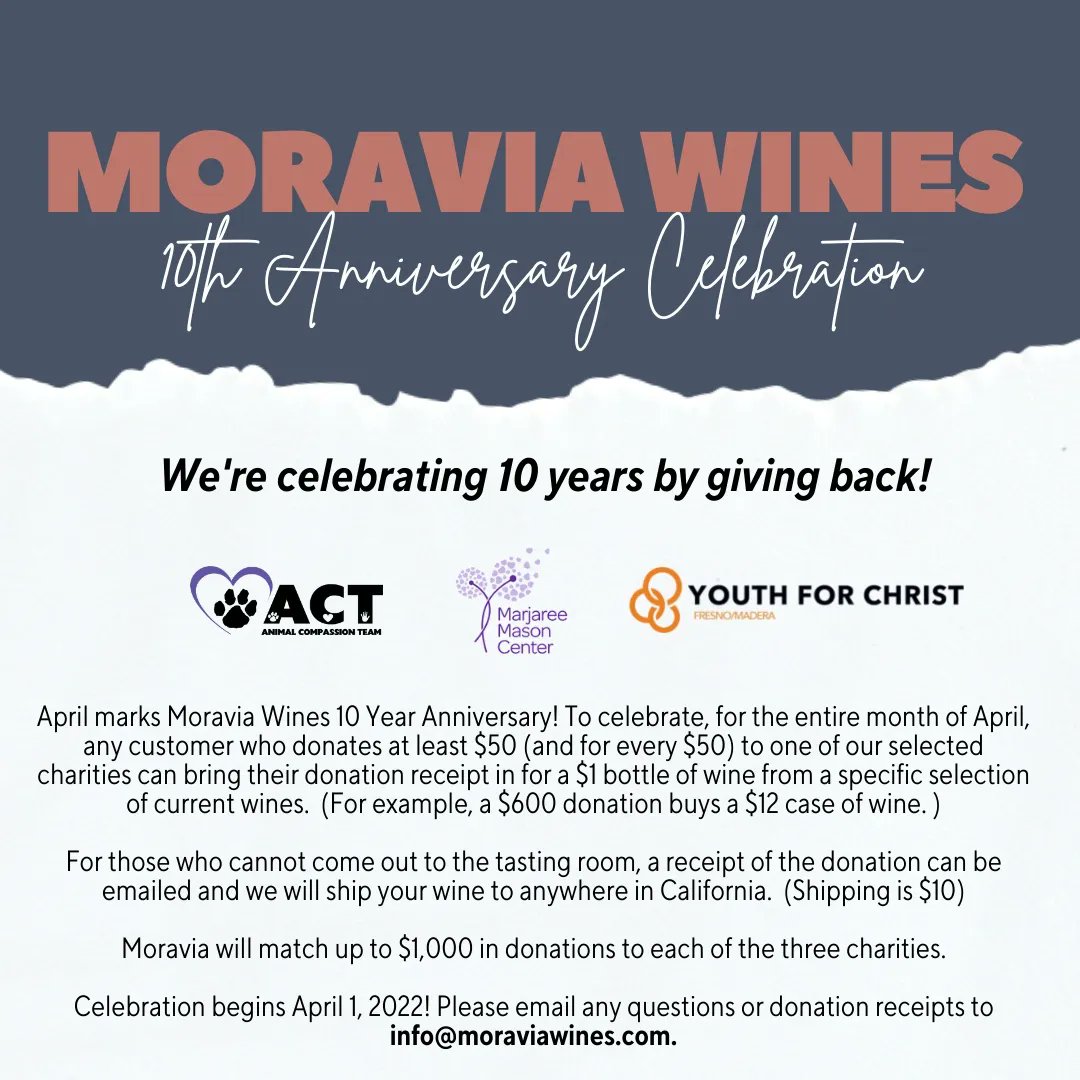 Moraviawinery's tweet photo. Next month is our 10 YEAR anniversary! 🎉 

During the month of April, for every $50 donation you make to one of our selected charities, receive a bottle of select wine for only $1. Plus, Moravia Wines will match up to $1,000 in donations to each of the non-profits. https://t.co/kFxnYG0eZ1
