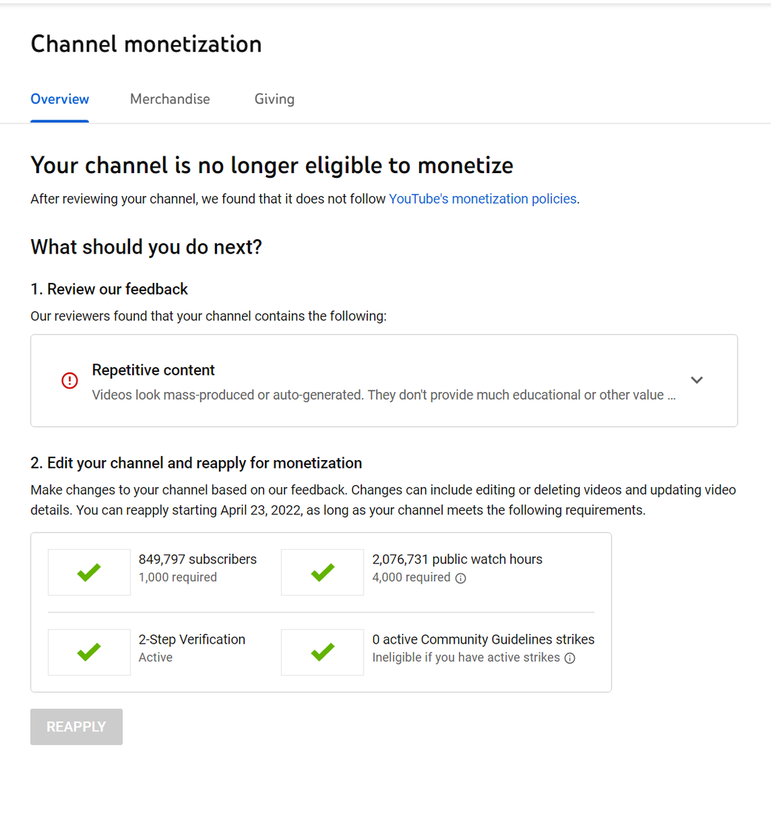 DampFiji's tweet photo. Hey There @TeamYouTube. My main channel with 850K subscribers and over 540,000,000 views just received a false channel wide-demonetization for having “Repetitive Content”. 

I’d appreciate some help in resolving this issue promptly so I can get my channel remonetized!

Thanks :) https://t.co/5CGYKRUcks