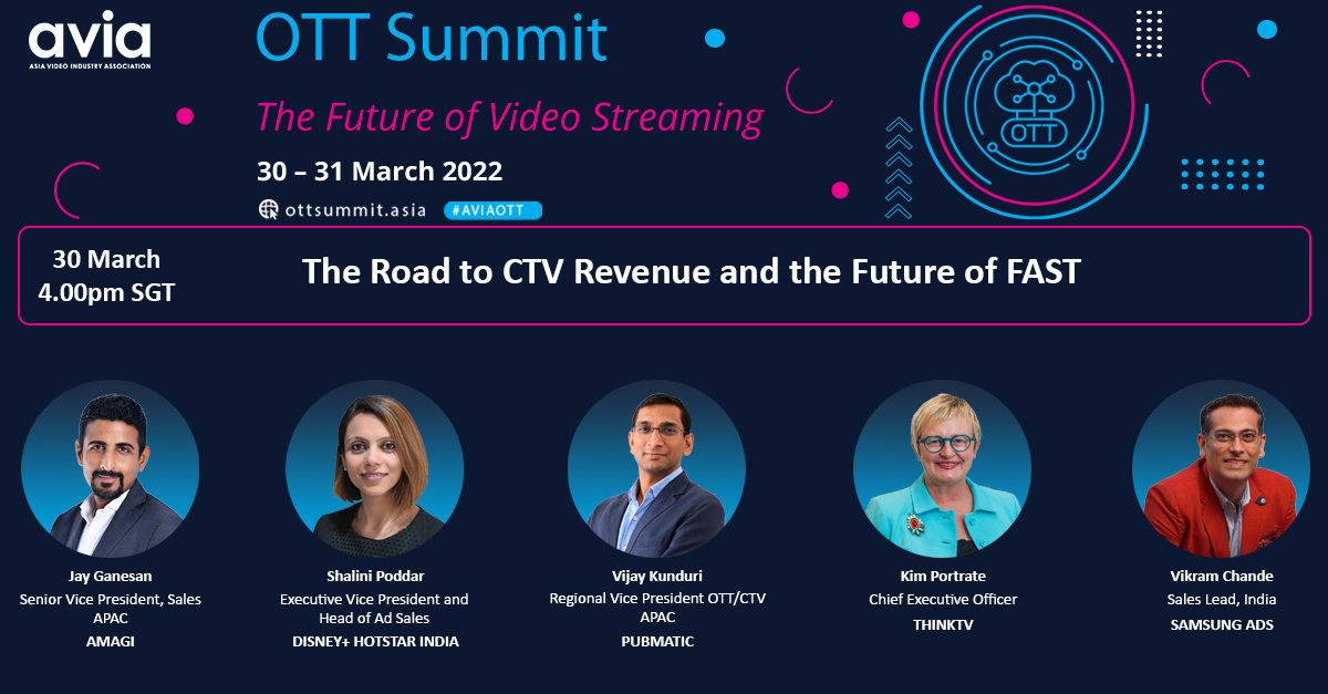 PubMatic's tweet photo. We're thrilled to be sponsoring @AsiaVideoIA's OTT Summit 2022 next week on March 30-31! Join our Vijay Anand Kunduri for a panel discussion titled, "The Road to CTV Revenue and the Future of FAST" on day 1 of the summit. Learn more: https://t.co/lK63ja3tDb
#aviaott https://t.co/YQYRzhAkUX
