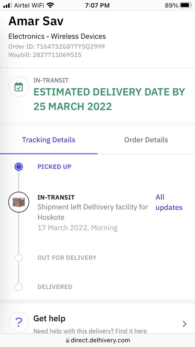 ASavalagi's tweet photo. @help_delhivery @delhivery I have been using ur service for while, but this time your guys really messed it up. I am waiting for my shipment order id T164732G87TY5Q2999, which was suppose to be deliv’d 7d ago. Deliv. date is moved to next day every day.  Need help!! https://t.co/c8DhUl99L8