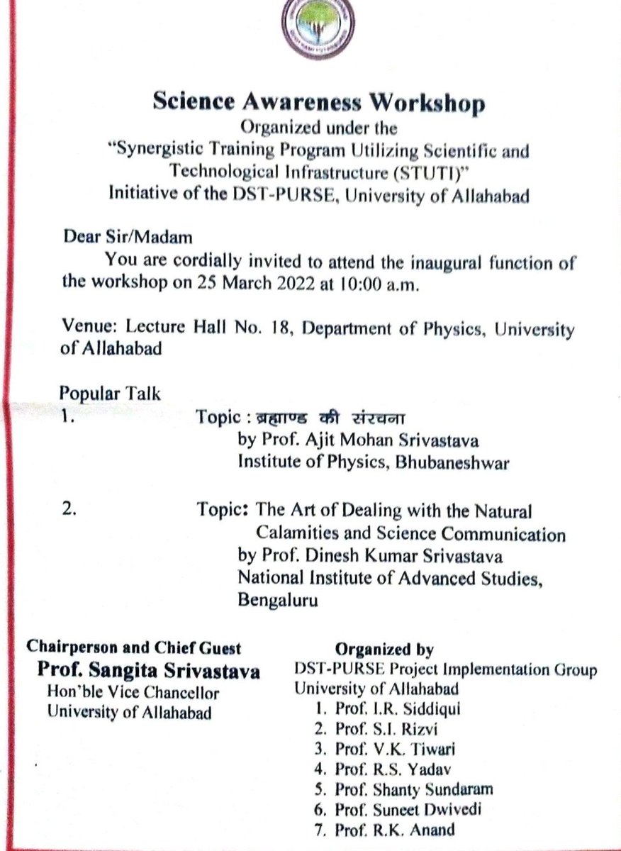 Science Awareness Workshop organized at Dept of Physics on dated 25/03/2022 10.00 AM
 LInk  youtu.be/TaqRjvBt6MM