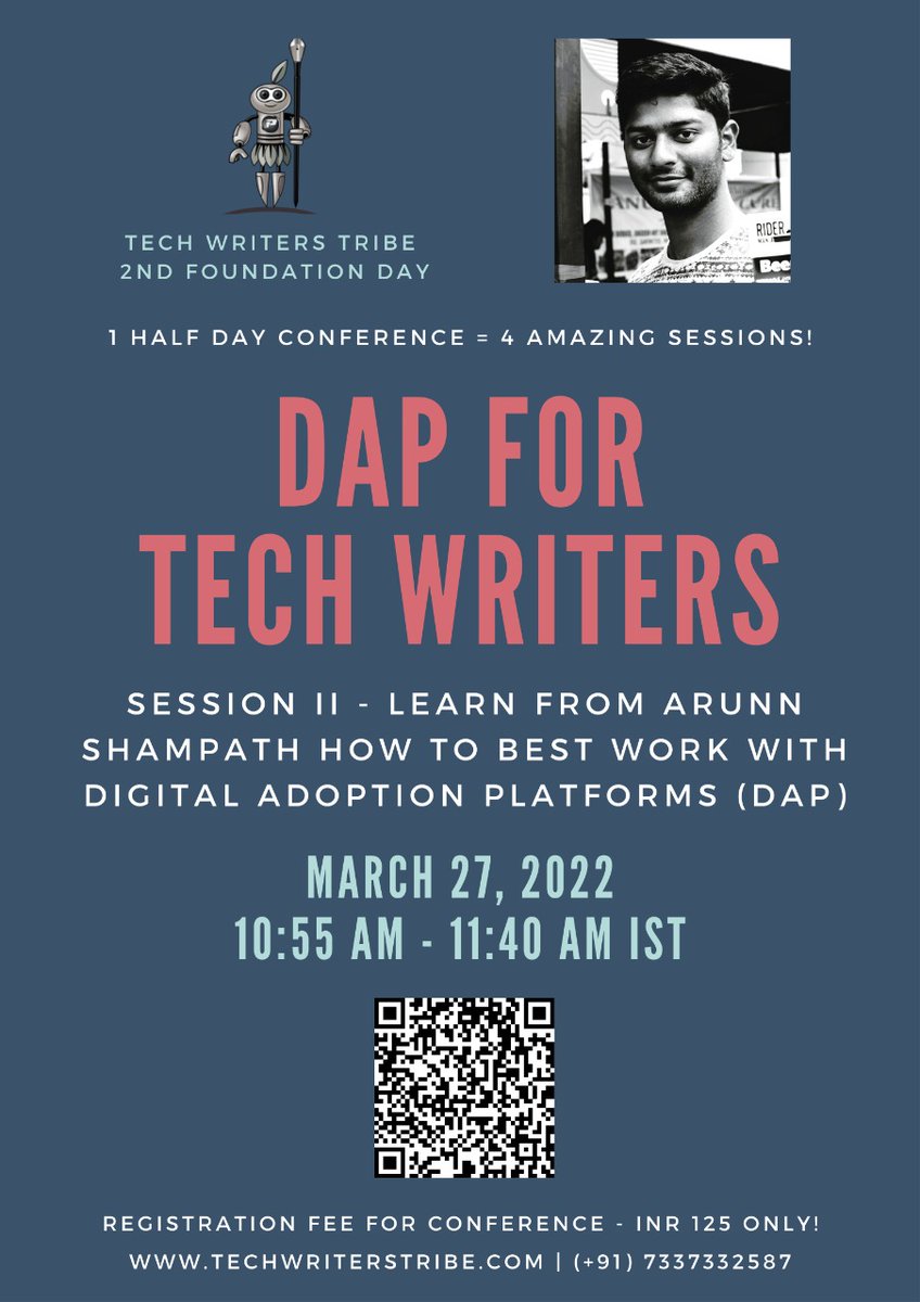 Techwriterstri1's tweet photo. We invite you for Tech Writer's Tribe 2nd Foundation Day on March 27.
Registration Fee for the entire conference - INR 125
For details and registration, visit https://t.co/mJNeC1PiQz
#techwriterstribe #technicalwriter #technicaldocumentation #whatfix #dap https://t.co/dtlkYCI012