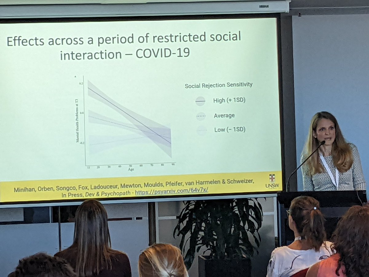 The brilliant <a href="/suschweizer/">Susanne Schweizer</a> presenting data from the CORAL study showing the importance of social rejection sensitivity when considering the mental health impacts of COVID19 #SMHR22