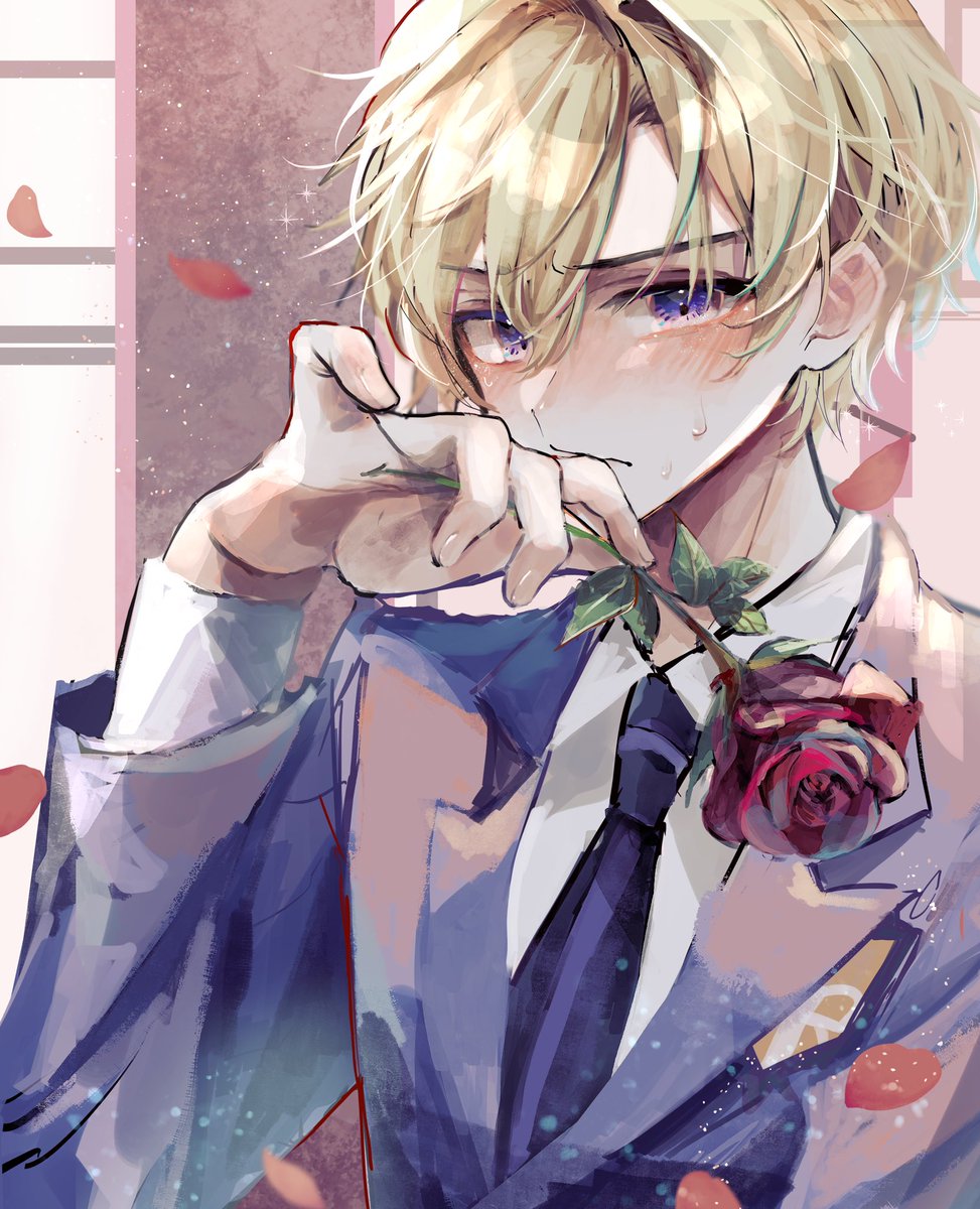 blonde hair flower rose 1boy male focus solo necktie  illustration images