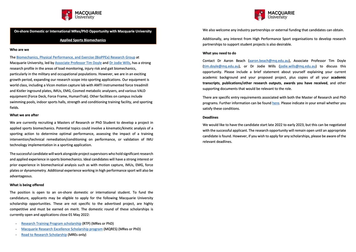 Aaron Beach (@abeach89) on Twitter photo Want to study an MRes/PhD in applied sports biomechanics? Have an interesting project idea? Come and join the BioPPEx Research Group <a href="/BioPPEx_MQ/">BioPPEx Research Group</a> <a href="/Macquarie_Uni/">Macquarie University</a>! Scholarships available. High Performance Sport partnerships welcome.
<a href="/JodieAWills/">Jodie Wills</a> <a href="/tladoyle/">Tim Doyle</a> #sportsbiomechanics #ISBS Want to study an MRes/PhD in applied sports biomechanics? Have an interesting project idea? Come and join the BioPPEx Research Group <a href="/BioPPEx_MQ/">BioPPEx Research Group</a> <a href="/Macquarie_Uni/">Macquarie University</a>! Scholarships available. High Performance Sport partnerships welcome.
<a href="/JodieAWills/">Jodie Wills</a> <a href="/tladoyle/">Tim Doyle</a> #sportsbiomechanics #ISBS