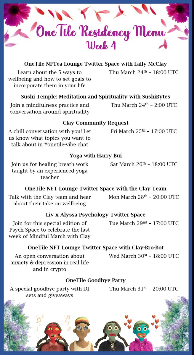 one_tile's tweet photo. 🎉#MindfulMarch has really flown by!
This is an exciting last week w/ #ClayNation as their artist in residence.

☺️Menu Week 4 has *you* in mind!

We'll be continuing the fun after March, as we bring more wellbeing to the #metaverse.

#NFT #CNFT #Cardano #Growth #Mentalhealth https://t.co/gJN0XCtV5T