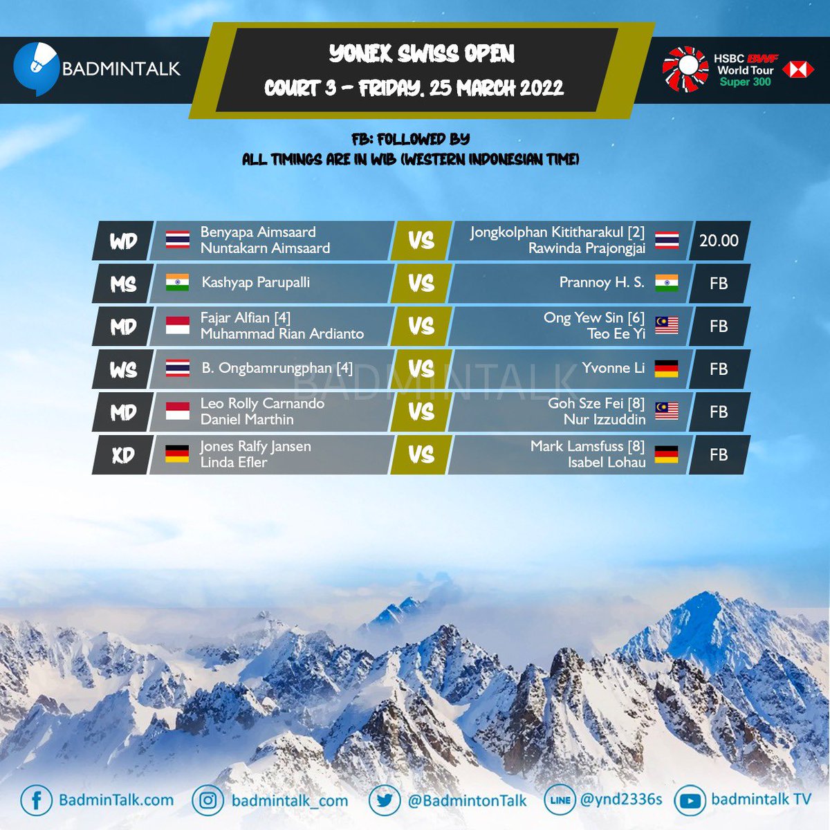 Order of Play of Swiss Open 2022 (Super-300) Day 4 - Quarter Final

Friday, 25 March 2022

Court 1 to Court 3

NB: Waktu di Foto adalah berdasarkan WIB.

#SwissOpen2022