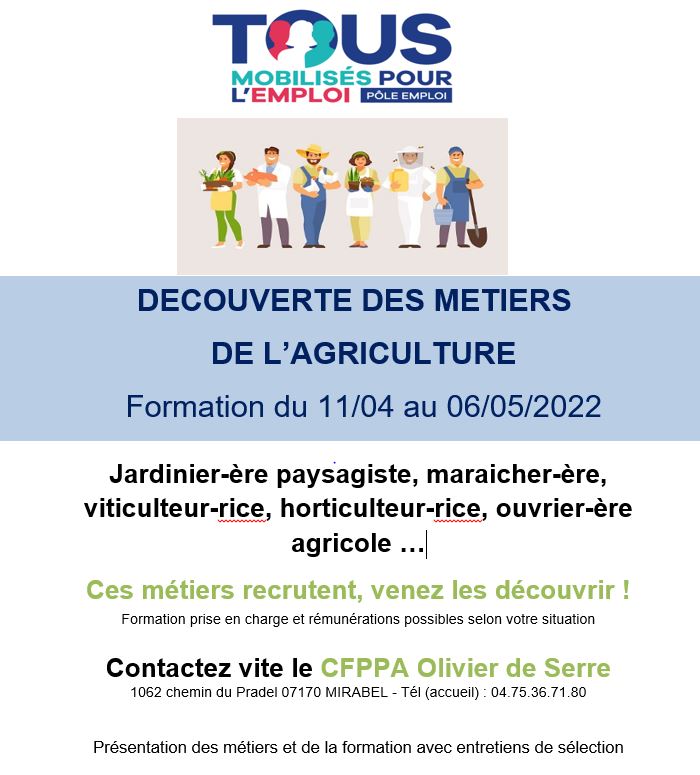 FLalbin's tweet photo. L'agence @poleemploi_ara #Aubenas toujours mobilisée pour la #formation dans le secteur du l'#agriculture avec le CFPPA Olivier de Serre : 
➡️Venez découvrir les  Métiers de l'#agriculture et du Paysage🚜👩‍🌾
📅 du 11/04 au 06/05/202 
📁formation financée par @poleemploi_ara https://t.co/zFjzjaLBNH