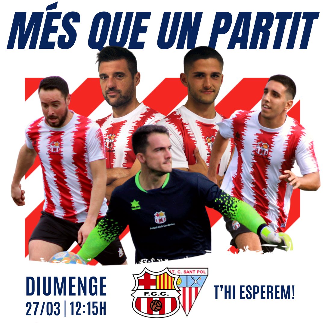 FCCardedeu's tweet photo. Aquest proper diumenge, el Primer Equip s'hi juga part de les seves opcions d'ascens a Primera Catalana.

L'equip rebrà el Sant Pol AT, el quart classificat.

📣 Afició, socis del club, jugadors i tècnics del futbol base, famílies... Necessitarem tot el vostre suport al Municipal https://t.co/1ZYf8V42x5