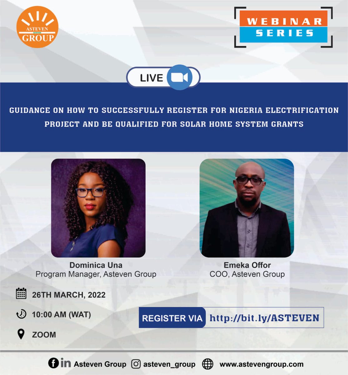 OPPORTUNITY TO GET REA GRANTS FOR SHS WITH ASTEVEN LIGHTING GLOBAL CERTIFICATES.
Asteven is announcing a wonderful opportunity to partner with other companies on a B2B level on Solar Home Systems deployment in different communities across the country. Link-bit.ly/ASTEVEN