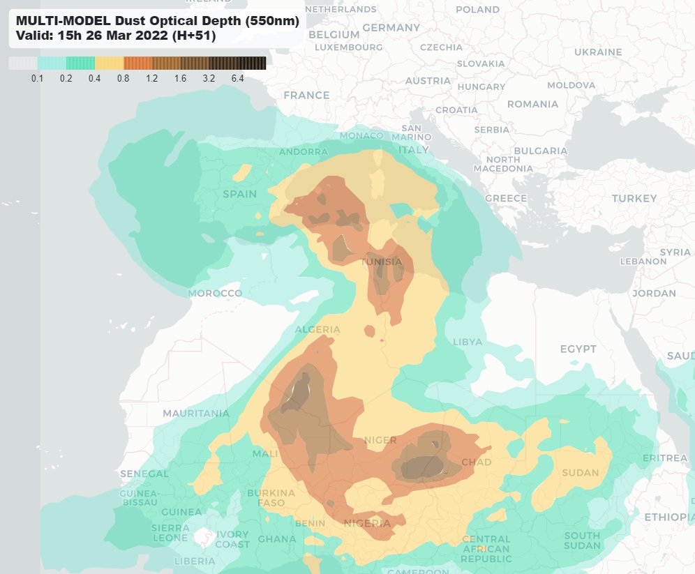 Dust_Barcelona's tweet photo. Saharan dust spreading over the Mediterranean. Still affecting Iberian Peninsula. Strong SDS activity in Chad and Algeria. Find more forecast products here: https://t.co/6V1NLWDYbg
@WMO @AEMET_Esp @BSC_CNS @UNCCD @xqcgeo @ECuevasAgullo @ipma_pt @ItalianAirForce https://t.co/LbtngSFeno