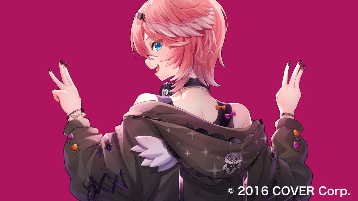 takane lui 1girl pink hair solo blue eyes looking back from behind hood  illustration images