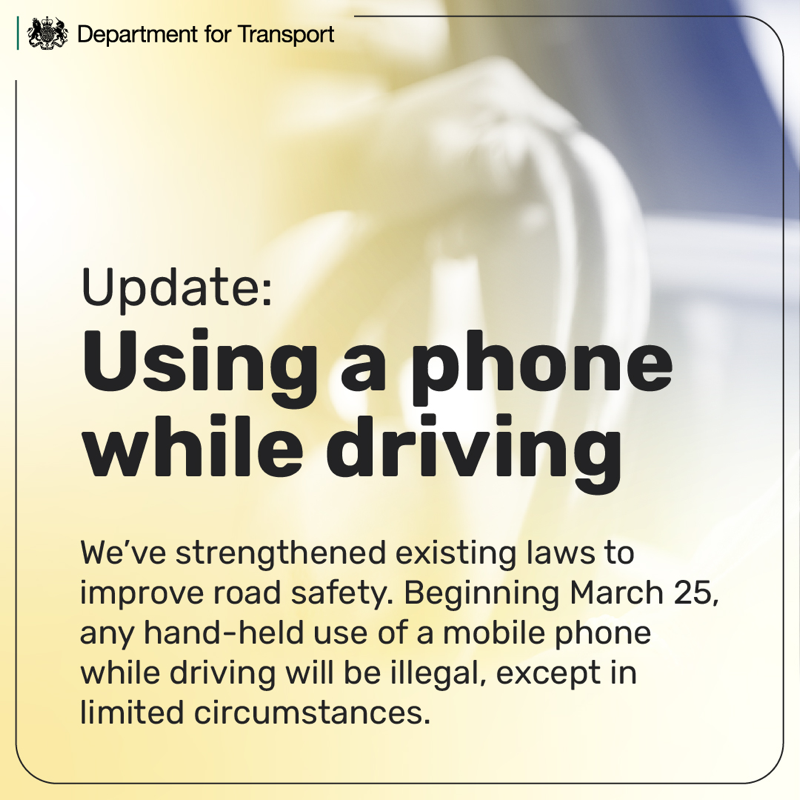transportgovuk's tweet photo. In our ambition to improve road safety, it is now illegal to use hand-held mobile phones while driving in a wider range of circumstances, including to:

📸Take photos or videos
📱Scroll through stored apps or playlists
🎮Play stored mobile games
 
Read more about the updates