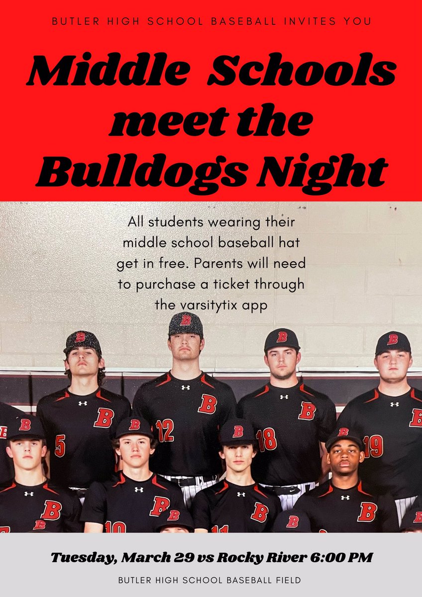 BDogs_Baseball's tweet image. 🚨Future Bulldogs come check out BDogs⚾️ and Butler HS Tuesday 3.29 6pm at Butler Field. Wear your Wildcats, Miners and Hornets gear to get in the ⚾️ game free🚨
@CrestdaleMS @MintHillMiddle @AlbemarlRdMS_IB 
@ButlerHSAthlet1