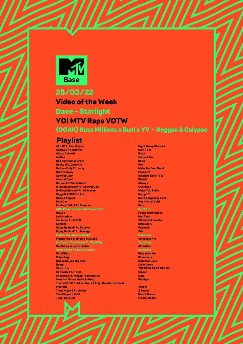 Give it up for the artists that have made this week's MTV Base Playlist !!! 😱❤️🌟
<a href="/Santandave1/">SANTAN</a> 
<a href="/RussMillions/">MILLY</a> 
<a href="/Buni_Mb/">B.Royyy</a> 
<a href="/yvdaghost/">YV</a> 
<a href="/blanc0b0urne/">PARADISE ON A LIFEBOAT🛶</a> 
<a href="/KeeyaKeys/">Keeya Keys.</a> 
<a href="/Mabel/">Mabel</a> 
<a href="/JoelCorry/">Joel Corry</a> 
<a href="/wearegalantis/">Galantis</a> 
<a href="/MsBanks/">MS BANKS</a> 
<a href="/TIONWAYNE/">Wizzy Wayne</a> 
<a href="/Eight9FLY/">EIGHT9</a>