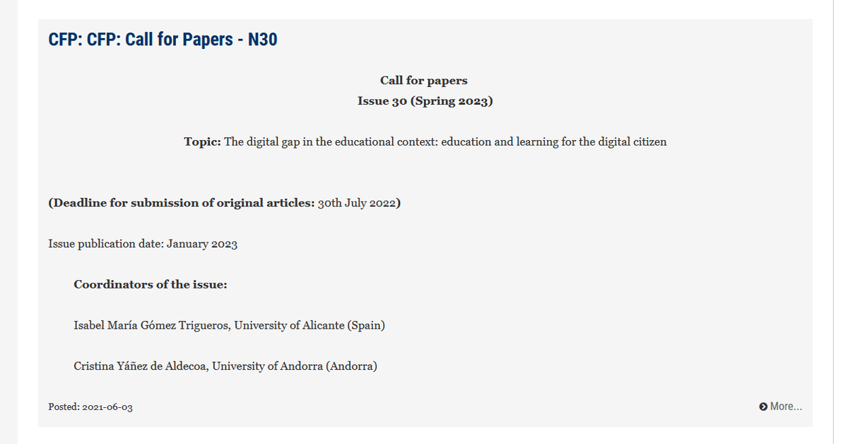If you're researching about "The #digitalgap in the #educationalcontext" you can still send us your contribution to issue N30 Guest Ed <a href="/yanezaldecoa/">Cristina Yáñez</a> <a href="/UdAndorra/">Universitat d'Andorra</a> I Gómez-Trigueros <a href="/UA_Universidad/">Universidad de Alicante UA</a> More info ojs.uv.es/index.php/real…
Deadline: July 30th
cc <a href="/ictlogist/">Ismael Peña-López</a> <a href="/BrendaPadilla/">Brenda Padilla</a>